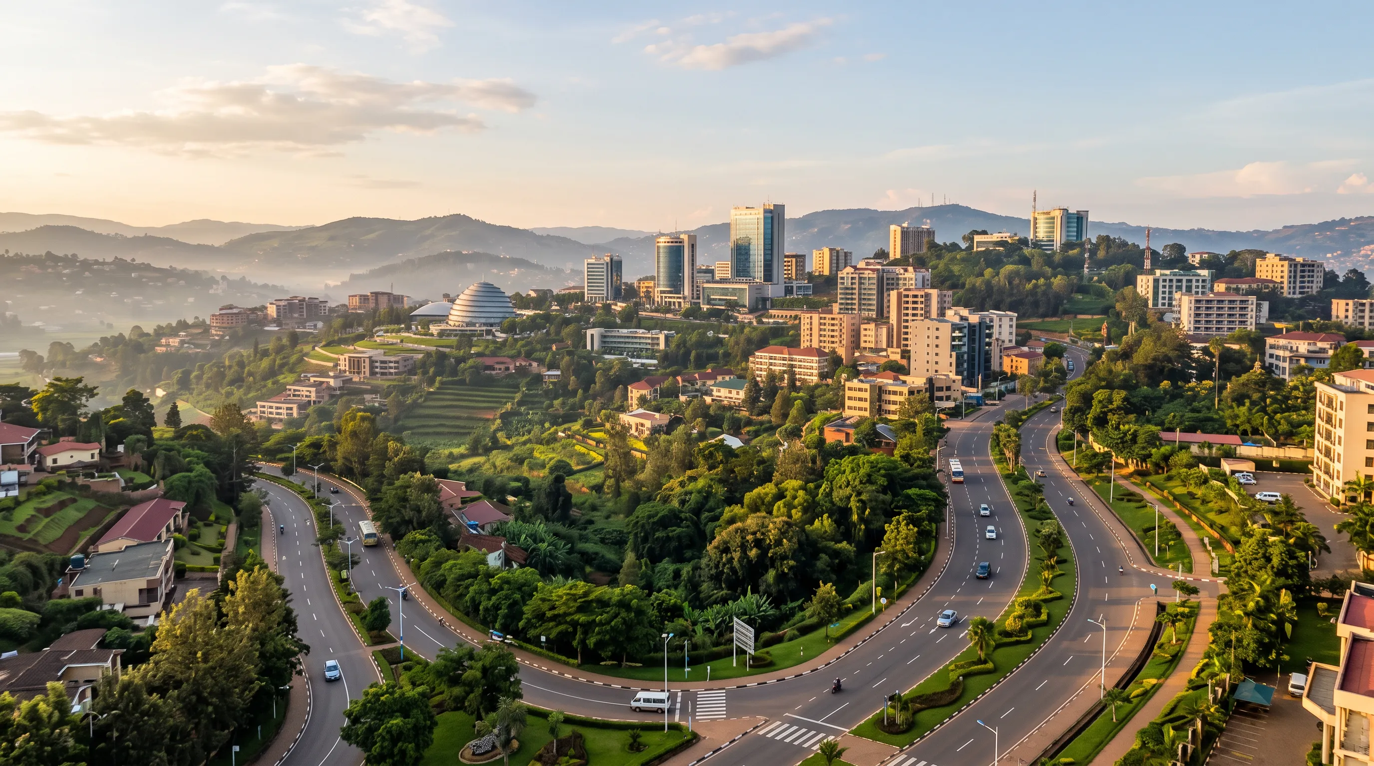 Kigali skyline at golden morning light, modern buildings on green hills